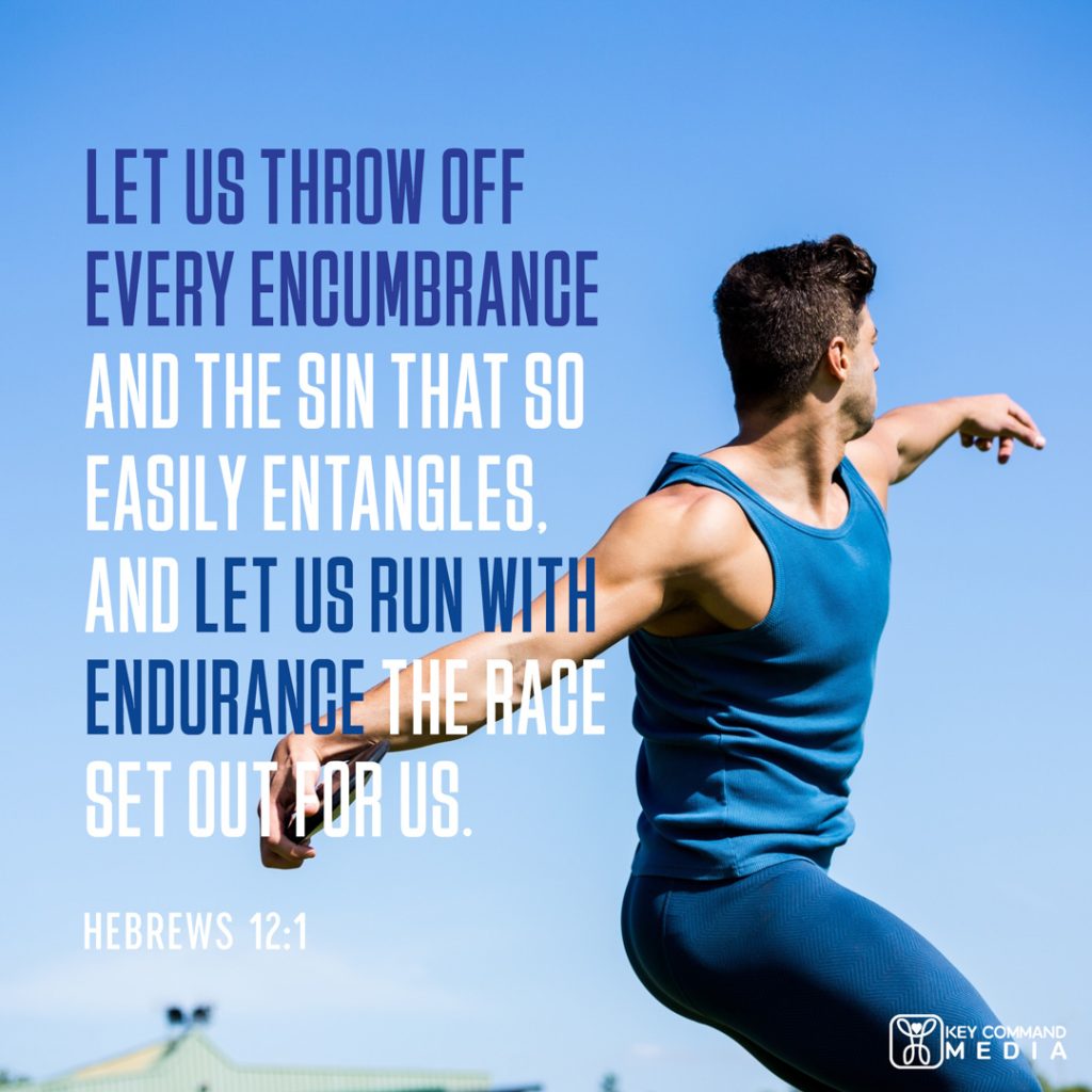 A discus thrower prepares to release his discus against a blue sky with Hebrews 12:1, "Let us throw off every encumbrance and the sin that so easily entangles, and let us run with endurance the race set out for us."