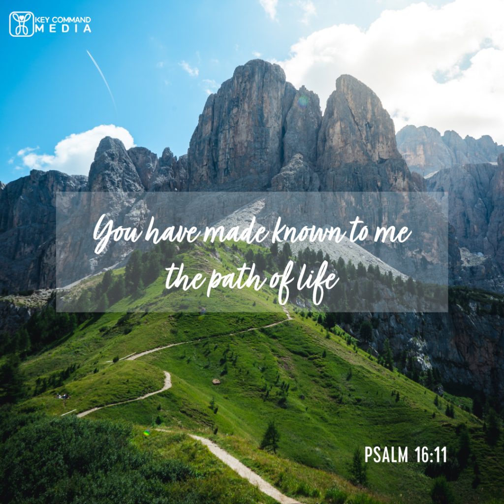 A mountain trail winds across a green hill near enormous cliff formations with Psalm 16:11, "You have made known to me the path of life."