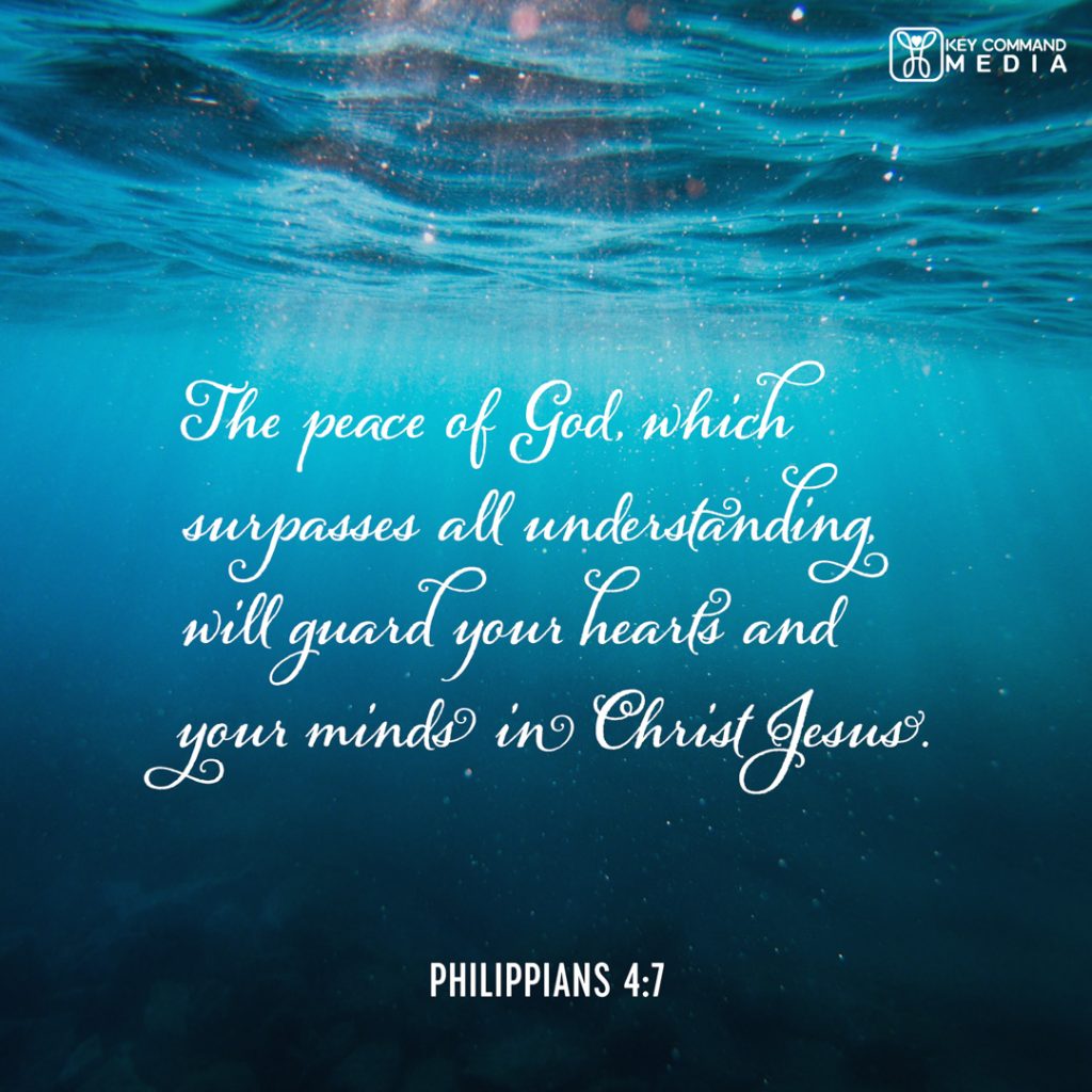 A view of the calm underwater below the rippling surface water with Philippians 4:7, "The peace of God, which surpasses all understanding, will guard your hearts and minds in Christ Jesus."