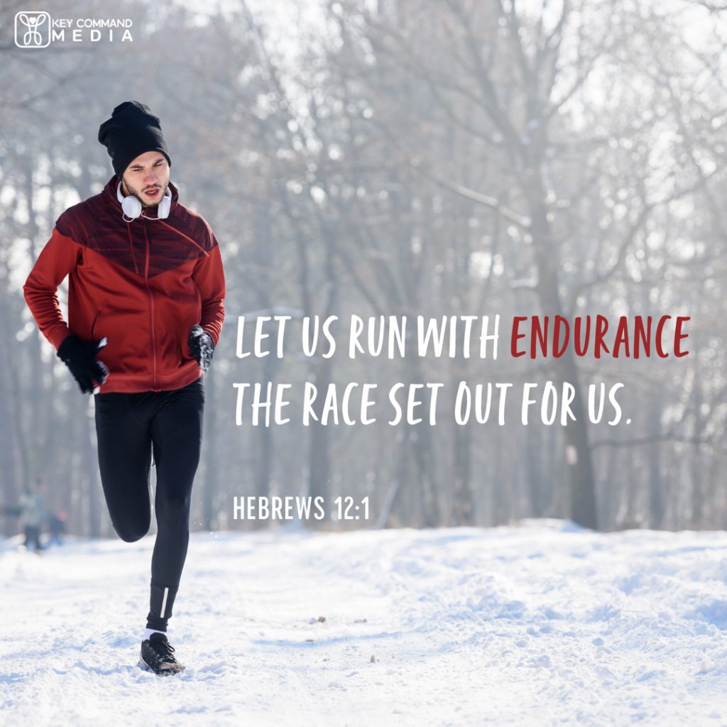 A man in a red running jacket and black leggings runs in the winter against a snowy backdrop of barren trees with Hebrews 12:1, "Let us run with endurance the race set before us."