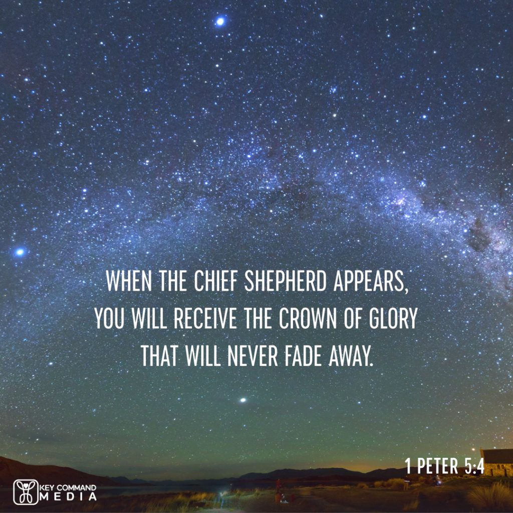 Stars fill the vast expanse of a night sky shaped like a crown with 1 Peter 5:4, "When the Chief Shepherd appears, you will receive the crown of glory that will never fade away."