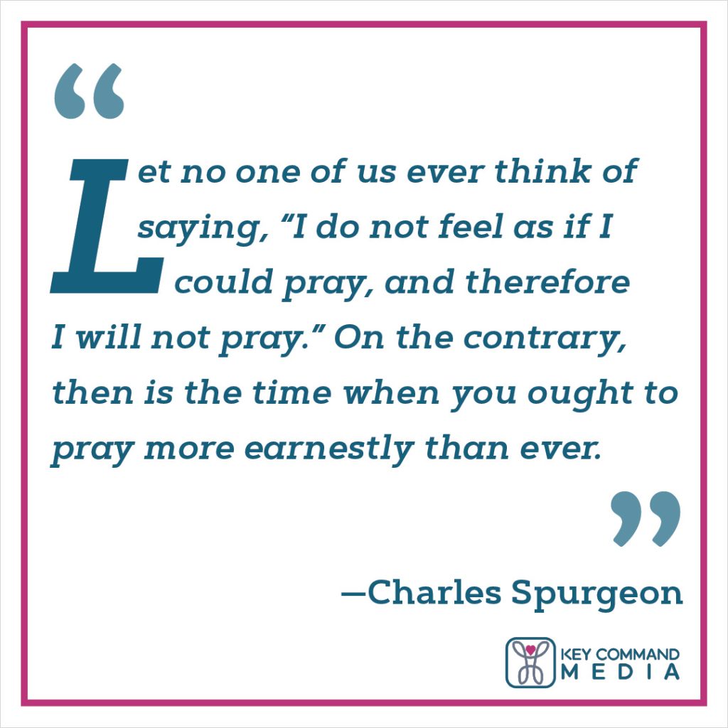 Let no one of us ever think of saying, “I do not feel as if I could pray, and therefore I will not pray.” On the contrary, then is the time when you ought to pray more earnestly than ever. (Charles Spurgeon)